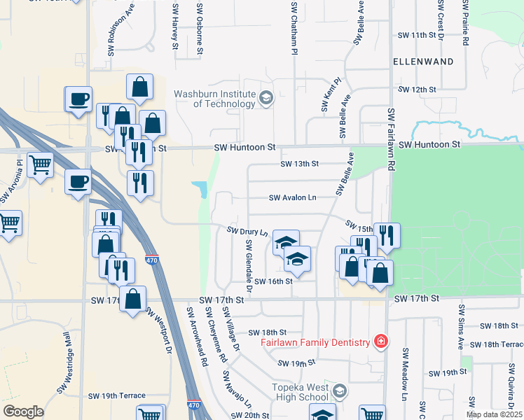map of restaurants, bars, coffee shops, grocery stores, and more near 5712 Southwest 15th Street in Topeka