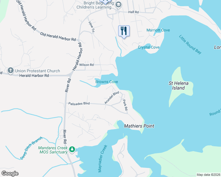 map of restaurants, bars, coffee shops, grocery stores, and more near 990 Round Bay Road in Crownsville