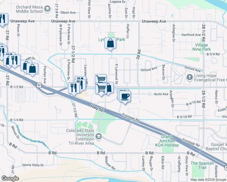 map of restaurants, bars, coffee shops, grocery stores, and more near 249 East Lynwood Street in Grand Junction