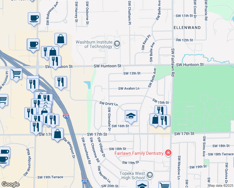 map of restaurants, bars, coffee shops, grocery stores, and more near 5712 Southwest 15th Street in Topeka