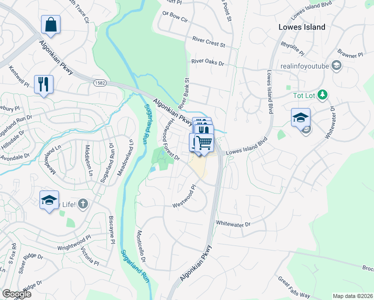 map of restaurants, bars, coffee shops, grocery stores, and more near 47394 Victoria Falls Square in Sterling