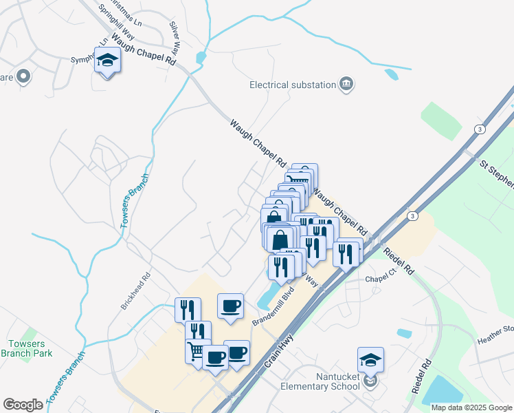 map of restaurants, bars, coffee shops, grocery stores, and more near 1065 Red Clover Road in Gambrills