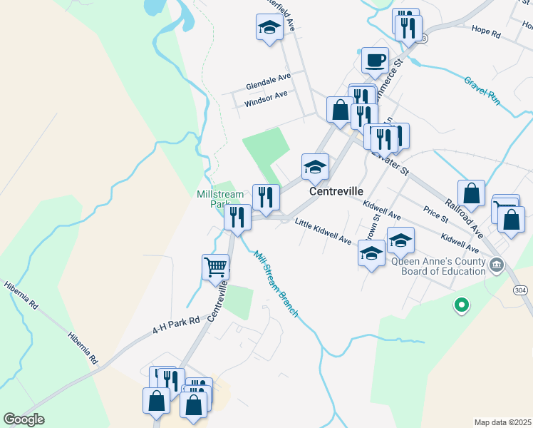 map of restaurants, bars, coffee shops, grocery stores, and more near 202 Ridgeview Court in Centreville