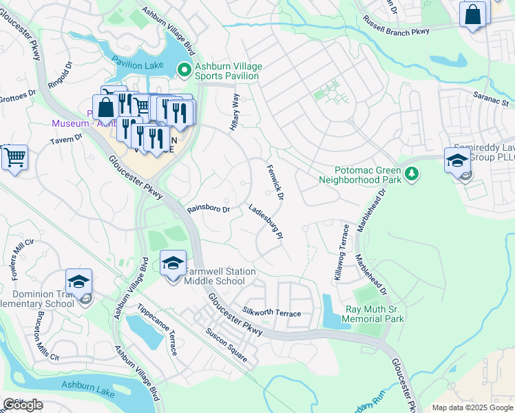 map of restaurants, bars, coffee shops, grocery stores, and more near 44298 Ladiesburg Place in Ashburn