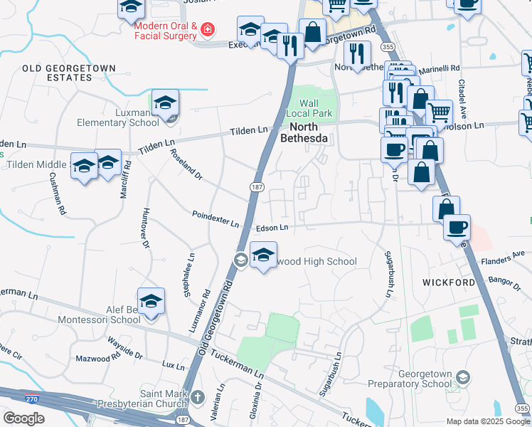 map of restaurants, bars, coffee shops, grocery stores, and more near 11405 Empire Lane in Rockville