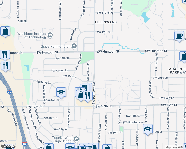 map of restaurants, bars, coffee shops, grocery stores, and more near 1435 Southwest Fairlawn Road in Topeka