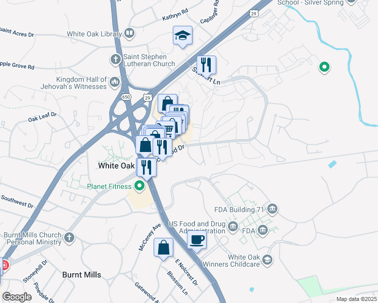 map of restaurants, bars, coffee shops, grocery stores, and more near 11431 Lockwood Drive in Silver Spring