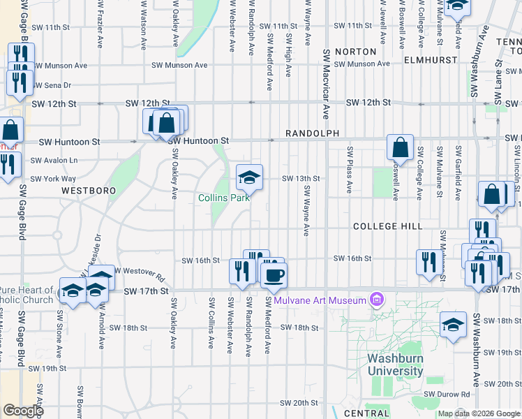 map of restaurants, bars, coffee shops, grocery stores, and more near 1400 Southwest Randolph Avenue in Topeka