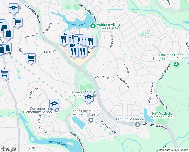 map of restaurants, bars, coffee shops, grocery stores, and more near 20829 Rainsboro Drive in Ashburn