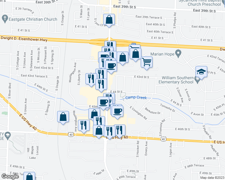 map of restaurants, bars, coffee shops, grocery stores, and more near 4402 South Canterbury Place in Independence
