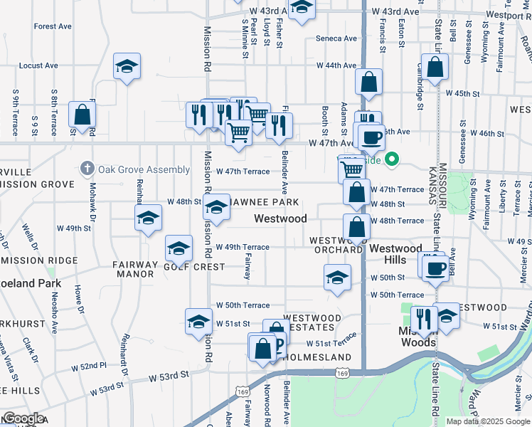 map of restaurants, bars, coffee shops, grocery stores, and more near 2812 West 49th Street in Westwood