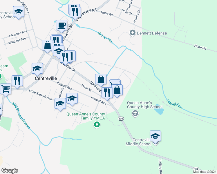 map of restaurants, bars, coffee shops, grocery stores, and more near 38 Center Park in Centreville