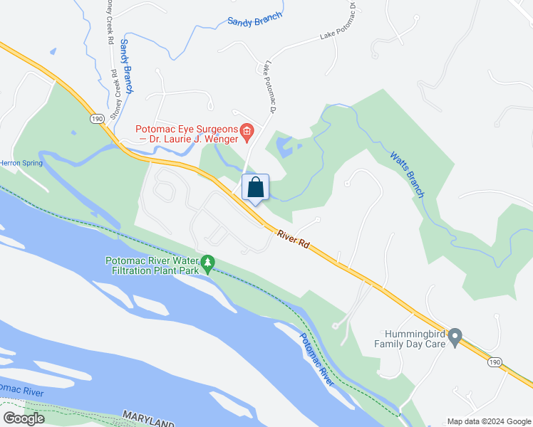 map of restaurants, bars, coffee shops, grocery stores, and more near 12219 River Road in Potomac