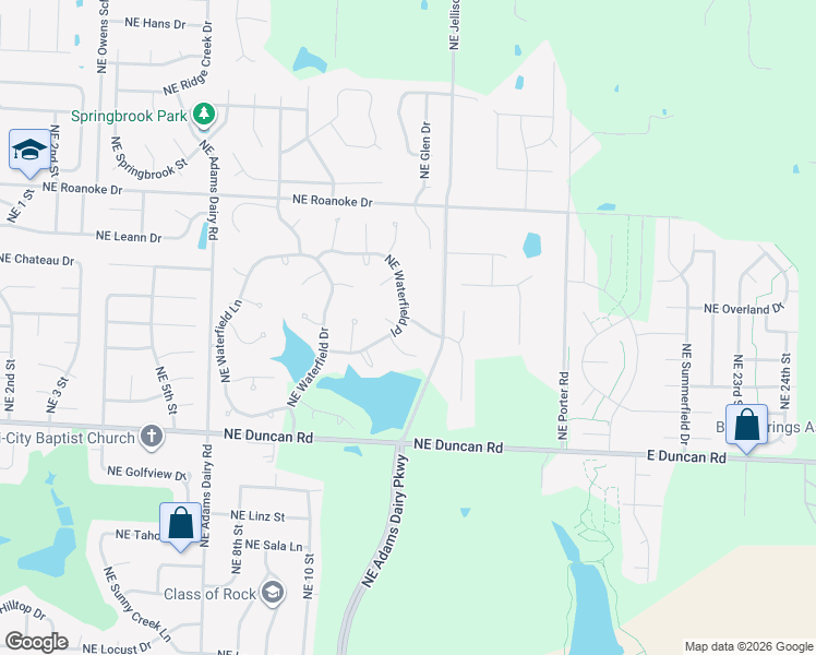 map of restaurants, bars, coffee shops, grocery stores, and more near 2024 Northeast Waterfield Place in Blue Springs