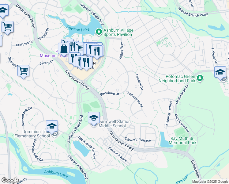 map of restaurants, bars, coffee shops, grocery stores, and more near 20797 Rainsboro Drive in Ashburn