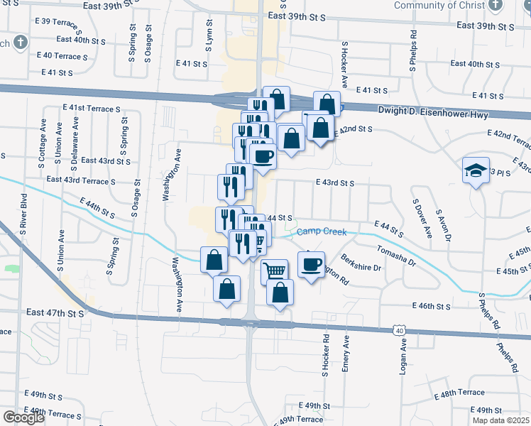 map of restaurants, bars, coffee shops, grocery stores, and more near 4402 South Canterbury Place in Independence