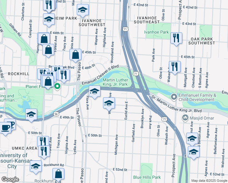 map of restaurants, bars, coffee shops, grocery stores, and more near 1812 East 47th Terrace in Kansas City