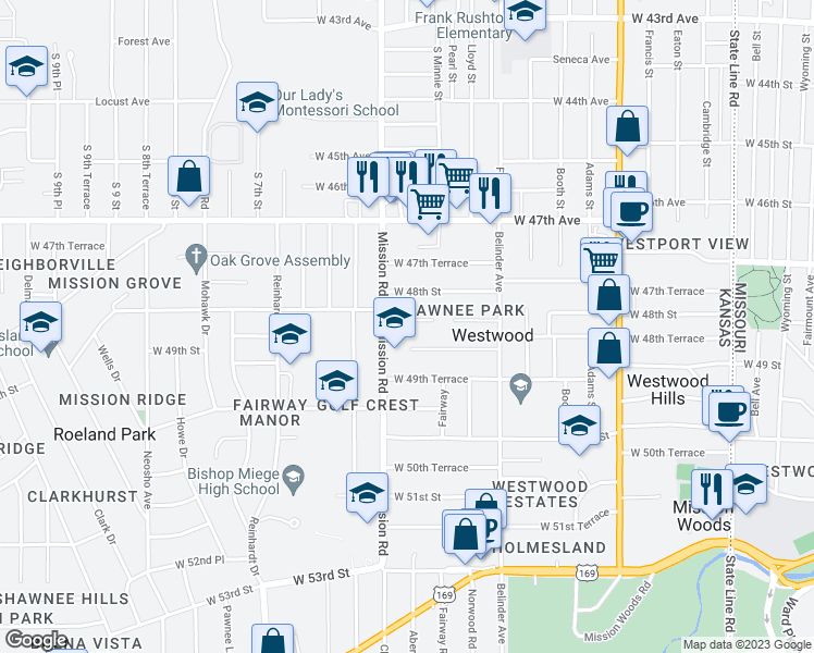map of restaurants, bars, coffee shops, grocery stores, and more near 3001 West 48th Terrace in Westwood