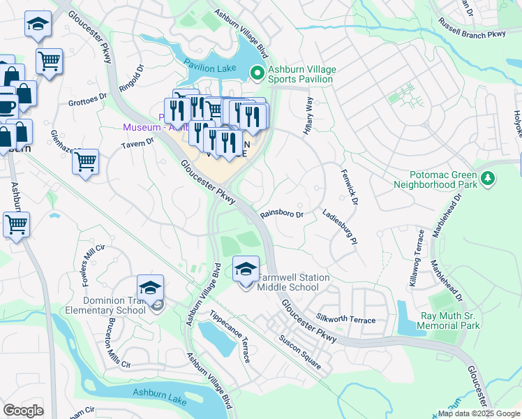 map of restaurants, bars, coffee shops, grocery stores, and more near 20829 Rainsboro Drive in Ashburn