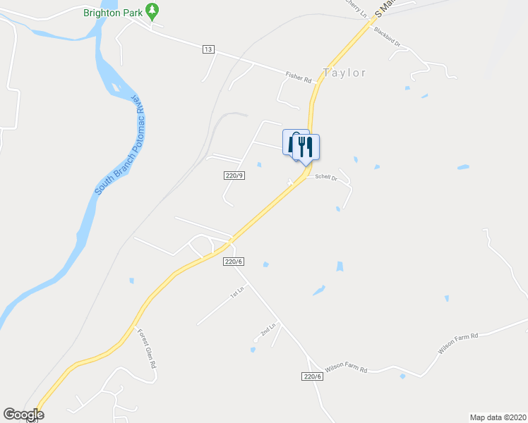 map of restaurants, bars, coffee shops, grocery stores, and more near West Virginia 55 in Moorefield