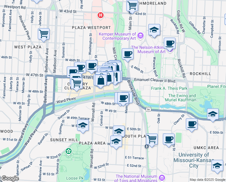 map of restaurants, bars, coffee shops, grocery stores, and more near 200 Ward Parkway in Kansas City