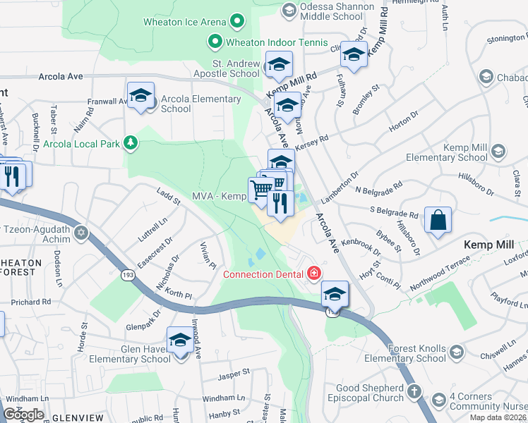 map of restaurants, bars, coffee shops, grocery stores, and more near 1361 Lamberton Drive in Silver Spring