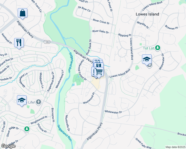 map of restaurants, bars, coffee shops, grocery stores, and more near 20772 Bridalveil Falls Terrace in Sterling