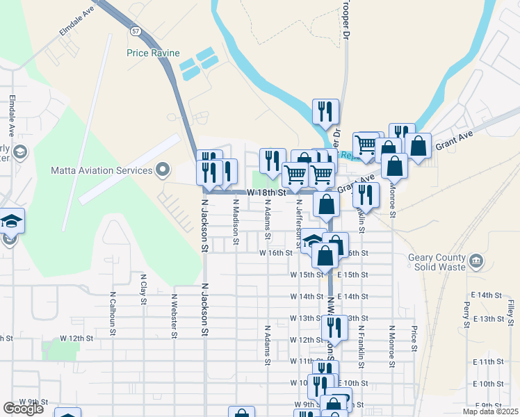 map of restaurants, bars, coffee shops, grocery stores, and more near 312 West Home Street in Junction City