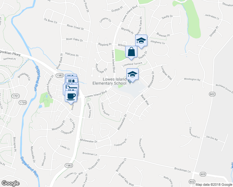 map of restaurants, bars, coffee shops, grocery stores, and more near 47594 Sandbank Square in Sterling