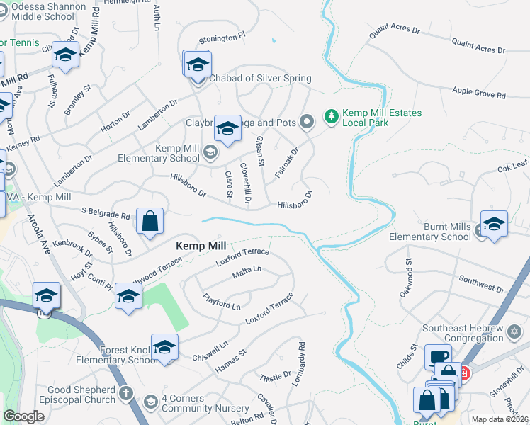 map of restaurants, bars, coffee shops, grocery stores, and more near 302 Hillsboro Drive in Silver Spring