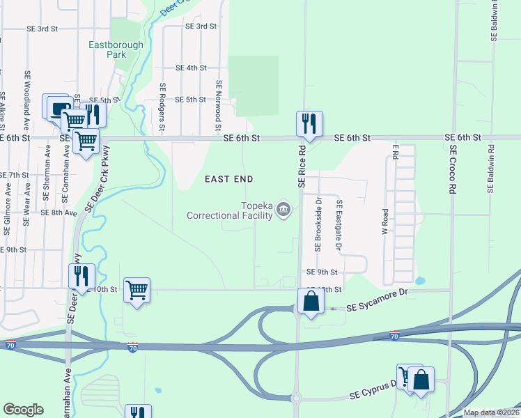 map of restaurants, bars, coffee shops, grocery stores, and more near 815 Southeast Rice Road in Topeka
