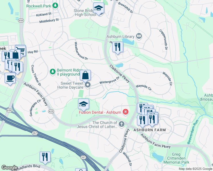 map of restaurants, bars, coffee shops, grocery stores, and more near 43181 Ribboncrest Terrace in Ashburn