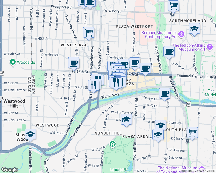 map of restaurants, bars, coffee shops, grocery stores, and more near 720 West 48th Street in Kansas City