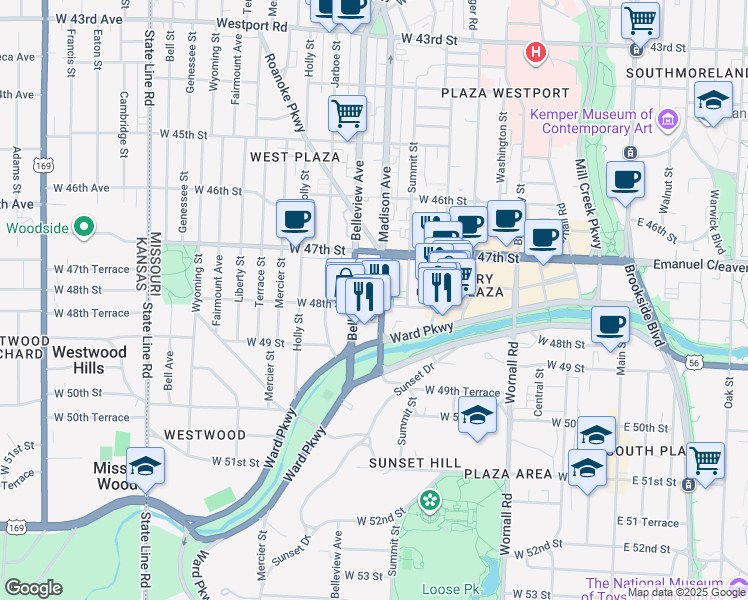 map of restaurants, bars, coffee shops, grocery stores, and more near 4746 Roanoke Parkway in Kansas City