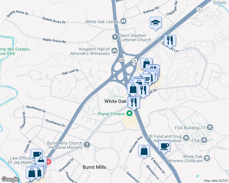 map of restaurants, bars, coffee shops, grocery stores, and more near 11235 Oak Leaf Drive in Silver Spring