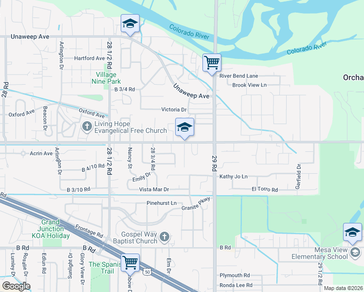 map of restaurants, bars, coffee shops, grocery stores, and more near 200-240 Lincoln Ln in Grand Junction