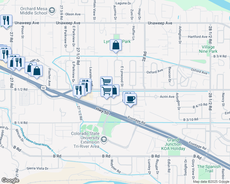 map of restaurants, bars, coffee shops, grocery stores, and more near 2776 Acrin Avenue in Grand Junction