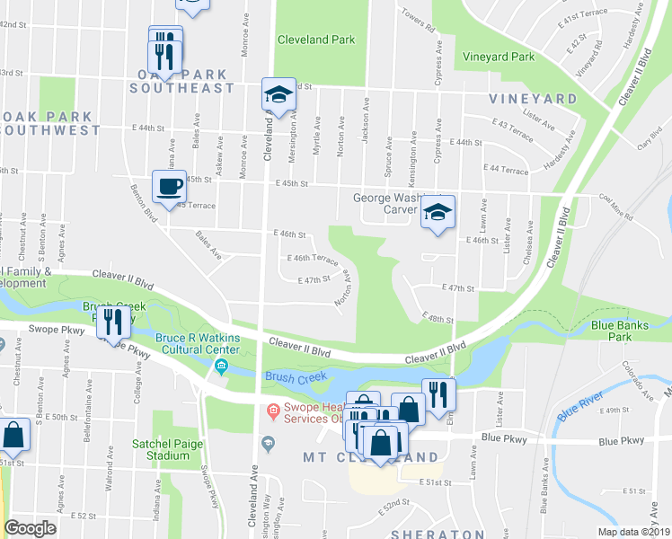 map of restaurants, bars, coffee shops, grocery stores, and more near 4013 East 47th Street in Kansas City