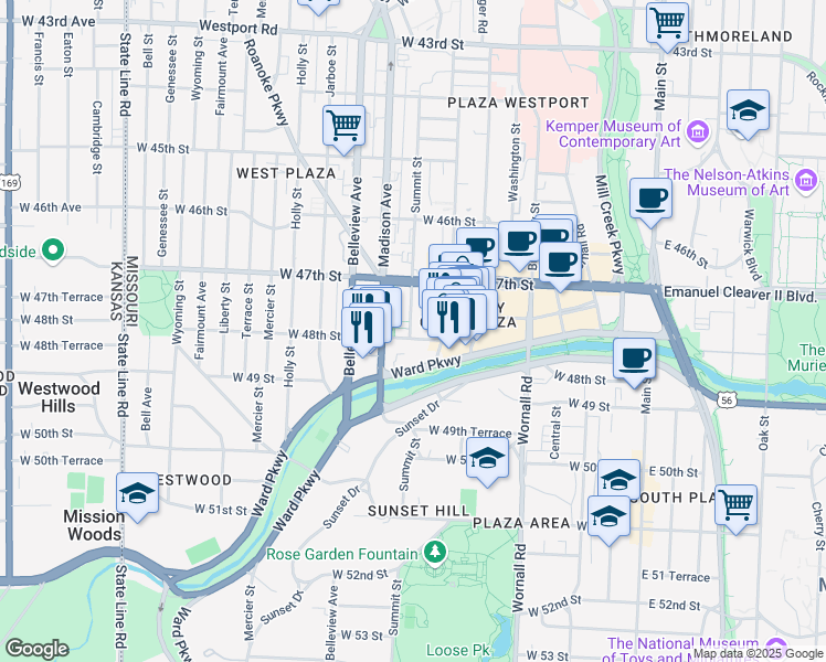 map of restaurants, bars, coffee shops, grocery stores, and more near 803 West 48th Street in Kansas City