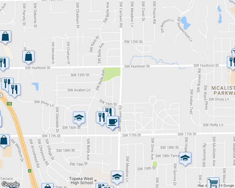 map of restaurants, bars, coffee shops, grocery stores, and more near 1435 Southwest Fairlawn Road in Topeka