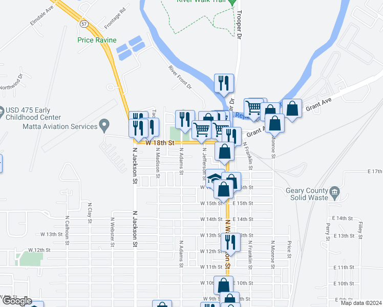 map of restaurants, bars, coffee shops, grocery stores, and more near 210 West Home Street in Junction City