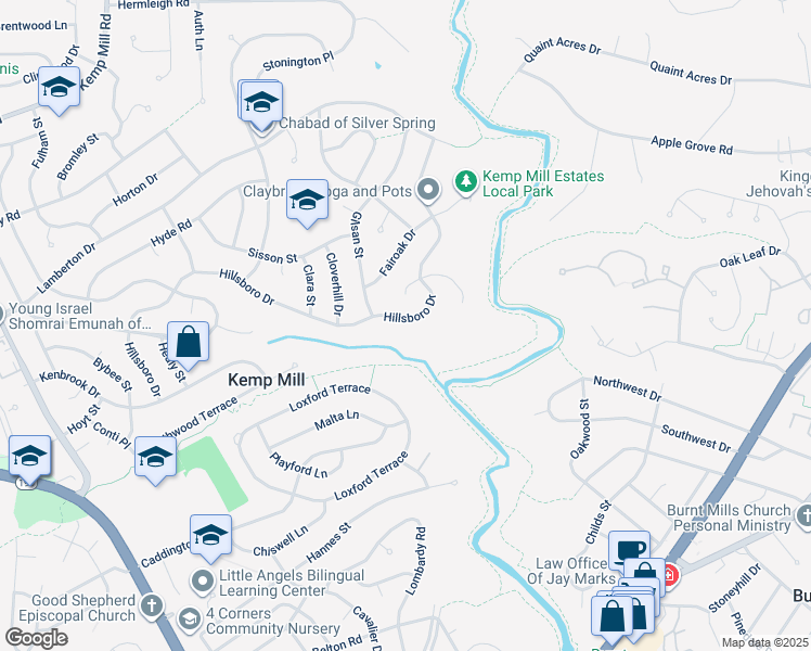 map of restaurants, bars, coffee shops, grocery stores, and more near 220 Hillsboro Drive in Silver Spring