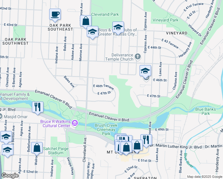 map of restaurants, bars, coffee shops, grocery stores, and more near 4013 East 47th Street in Kansas City
