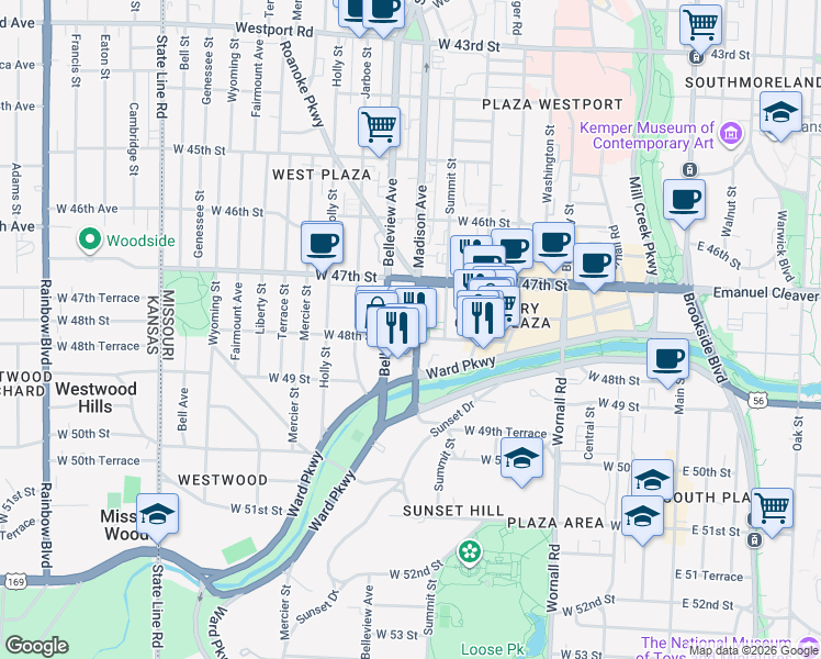map of restaurants, bars, coffee shops, grocery stores, and more near 911 West 48th Place in Kansas City