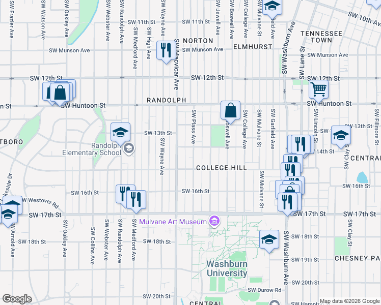 map of restaurants, bars, coffee shops, grocery stores, and more near 1420 Southwest Plass Avenue in Topeka