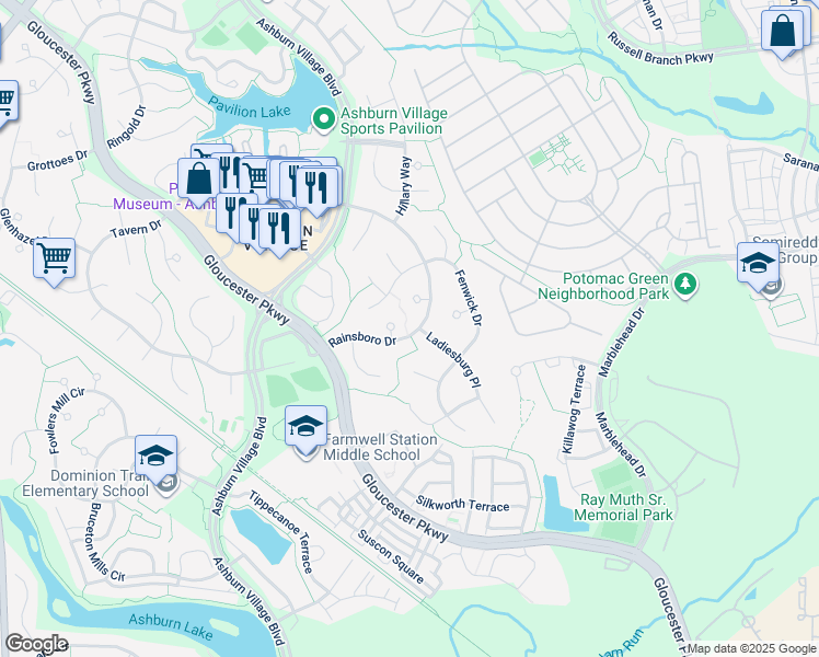 map of restaurants, bars, coffee shops, grocery stores, and more near 20769 Rainsboro Drive in Ashburn