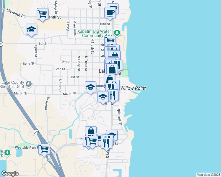 map of restaurants, bars, coffee shops, grocery stores, and more near 201 South Main Street in Lakeport