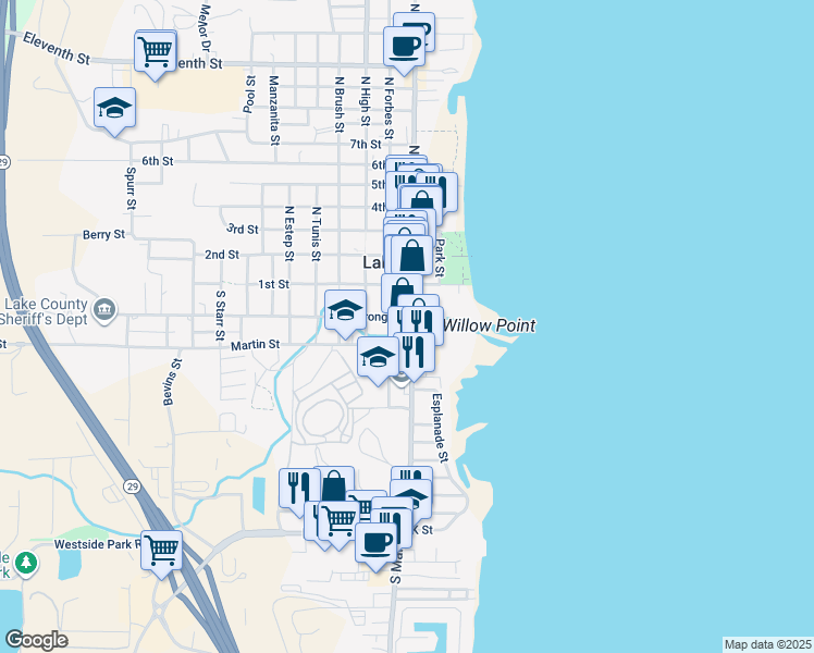 map of restaurants, bars, coffee shops, grocery stores, and more near 201 South Main Street in Lakeport