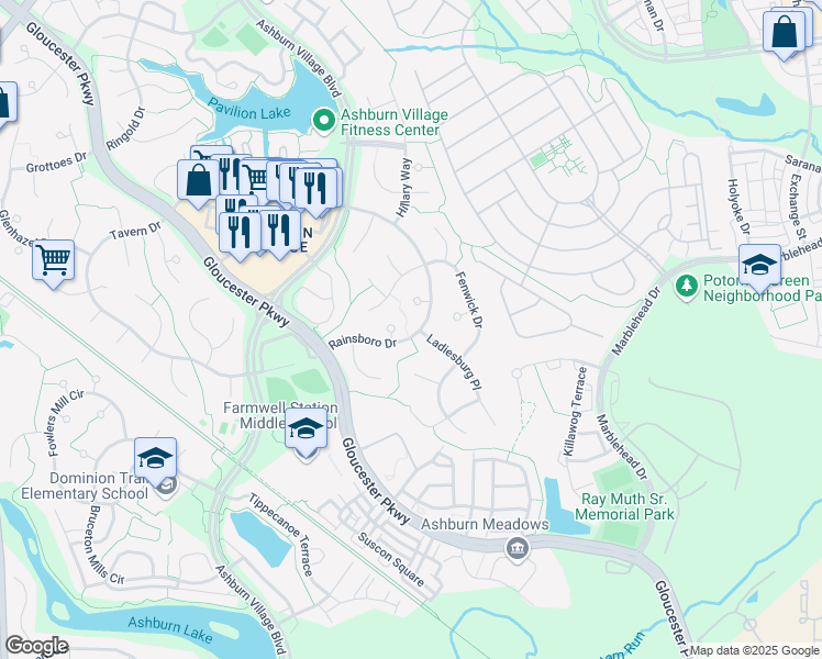 map of restaurants, bars, coffee shops, grocery stores, and more near 20769 Rainsboro Drive in Ashburn