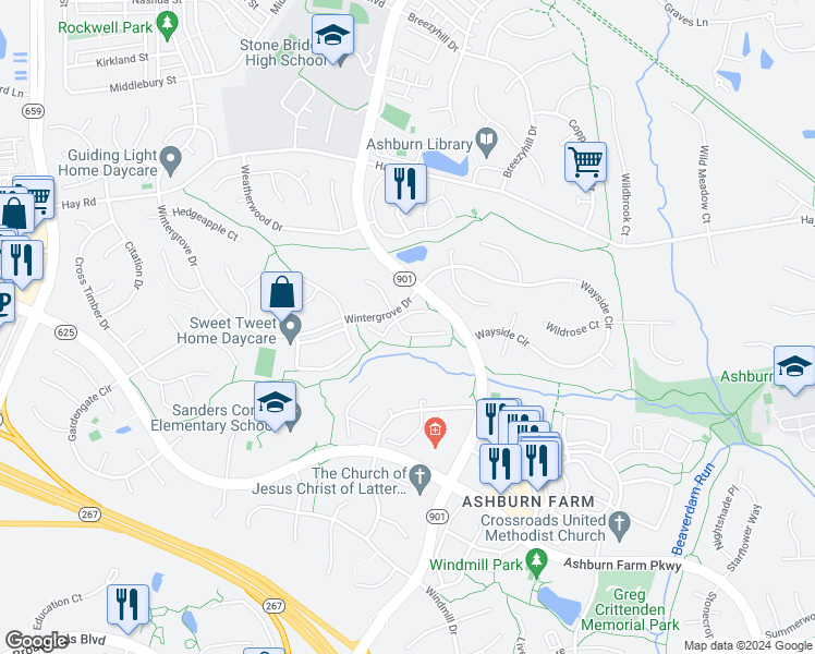 map of restaurants, bars, coffee shops, grocery stores, and more near 43228 Clearnight Terrace in Ashburn
